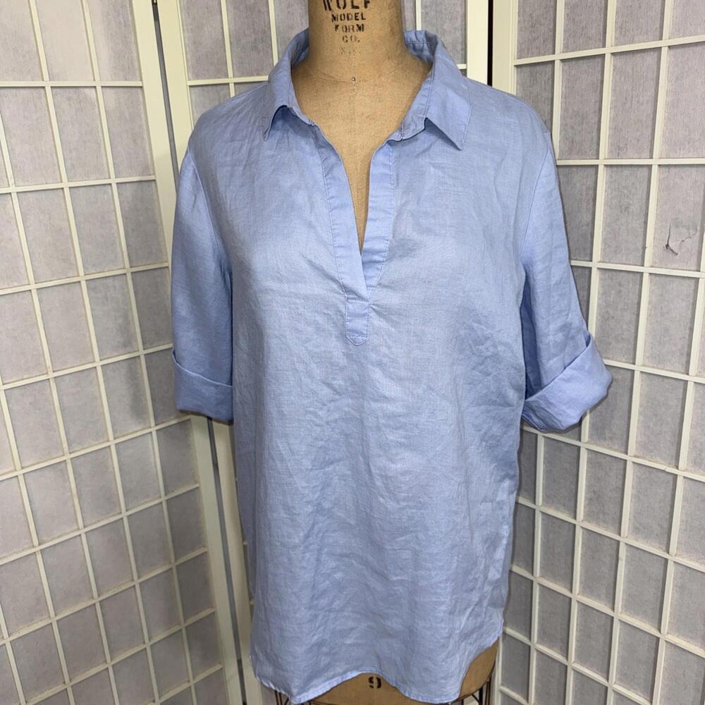 Go Fish Designer‎ Luxury 100% Linen Blue Minimalist Casual Blouse Size Medium